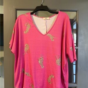 Entro Hot Pink Leopard Print V-Neck Tee